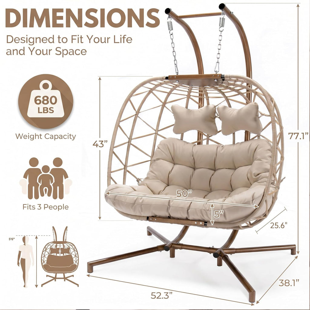 Double Egg Swing Chair with Stand, Oversized 2 Person Seat, Beige | 5" Thick Cushion, 230g Fabric, 680lbs Heavy-Duty