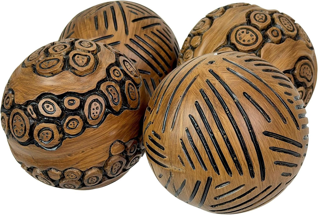 Decorative Orbs Set of 4 Brown Resin Carved Spheres, 4 Inch | Distressed Painted Finish, Tribal-Inspired Lines and