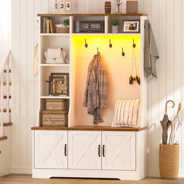 Hall Tree with Bench and Shoe Storage, Farmhouse Entryway Bench with Coat Racks and Led Lights, Tall Hall Tree with 7