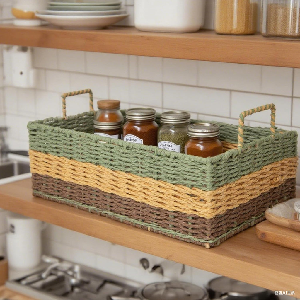 Handmade Rectangle Woven Paper Rope Storage Basket with Iron Frame,Basket with handles Decor, Shelf & Desktop