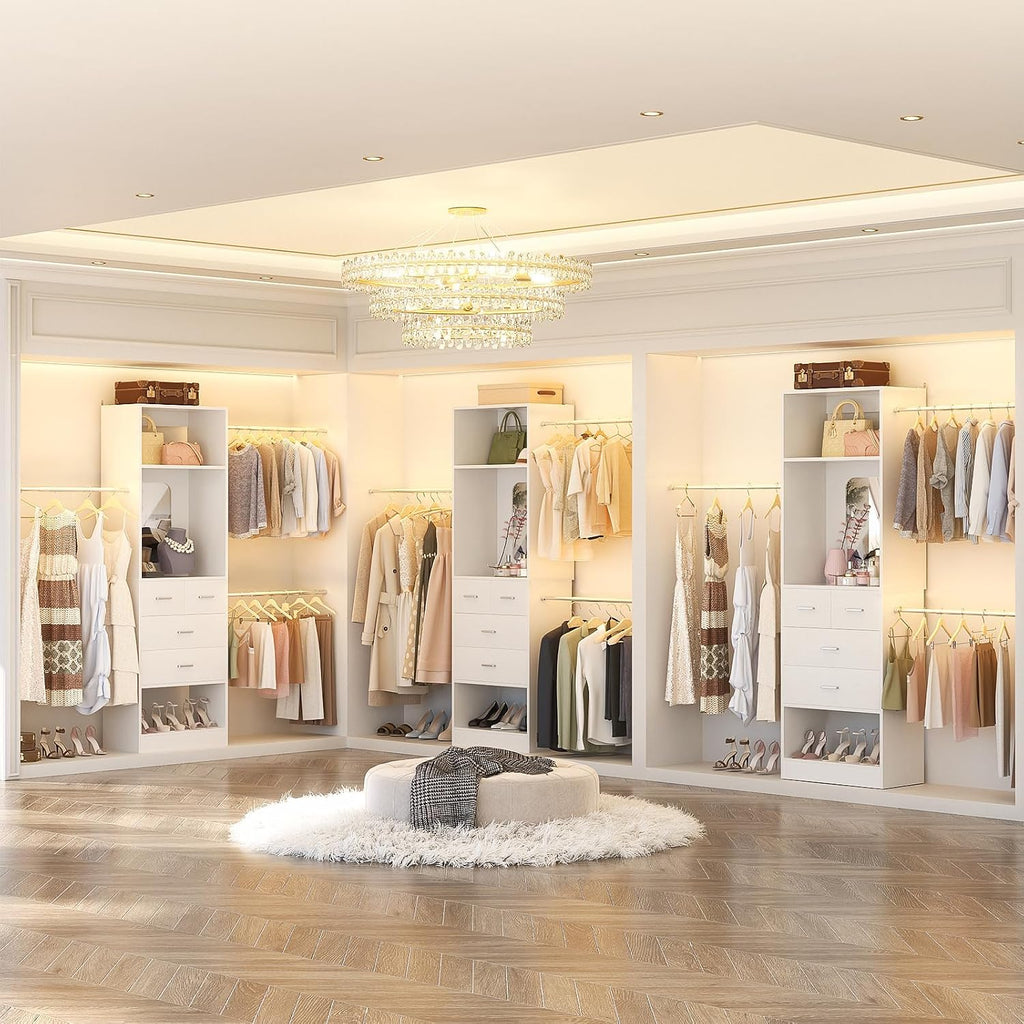 8FT Closet System with Mirror and 3 Extendable Hanging Rods, White | 48" - 96" Walk in Closet Organizer with 4