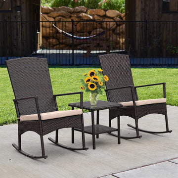 Outdoor Wicker Rocking Chair 3 Piece Porch Chairs Patio Bistro Set PE Rattan Furniture Sets with Coffee Table, Khaki