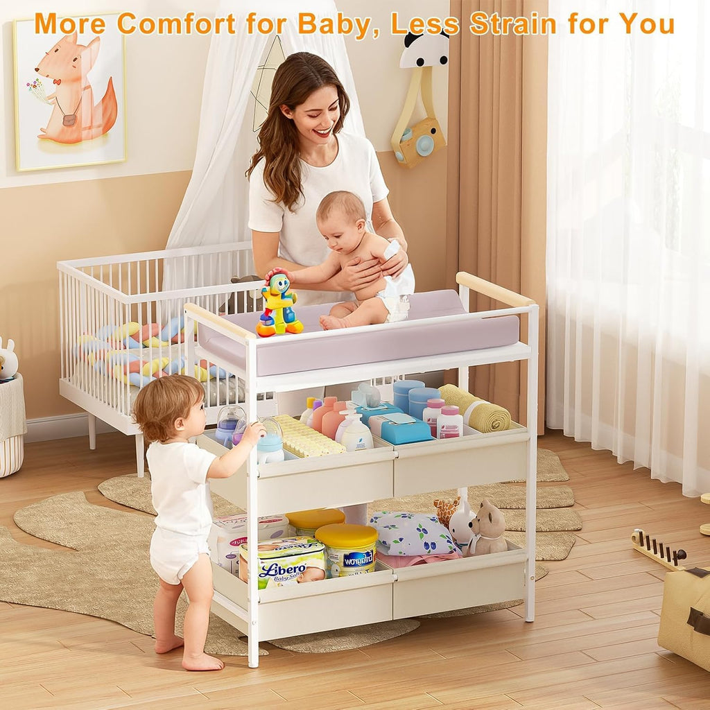 Baby Changing Table with Safety Bumper, Sturdy Diaper Change Station with Adjustable Devider in Large Storage Bin