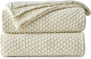 100% Cotton Knitted Throw Blanket - Cream, Soft & Cozy, Machine Washable, 60"x80"