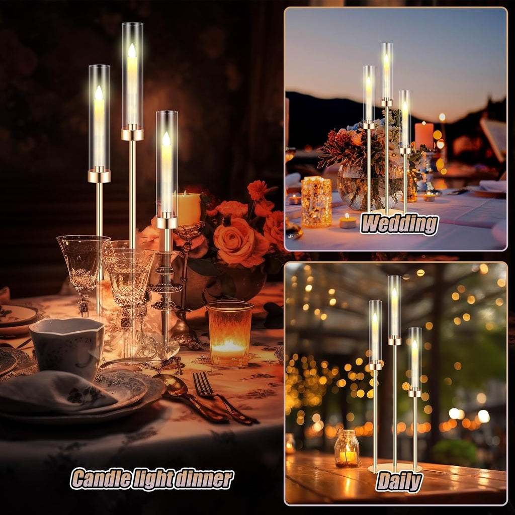 6 Sets 3 Arm Metal Candelabra Centerpiecese Holder Centerpieces with 18 LED Candles and Shade for Ceremony Birthday