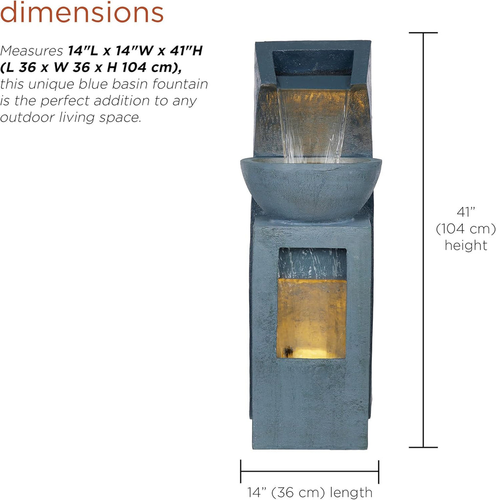 41" Tall Outdoor Basin Waterfall Floor Fountain with LED Lights