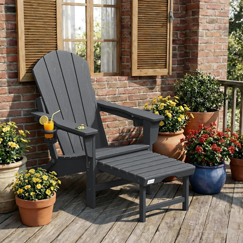 HDPE Folding Adirondack Chair, 20" W | 400 lbs | 2 Cup Holders, Grey | Weather Resistant, Retractable Ottoman, Wooden