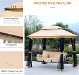 3-Seat Patio Swing Chair, Outdoor Gazebo Swing with Double Tier Canopy, Mesh Sidewalls, Cushioned Seat and Pillows