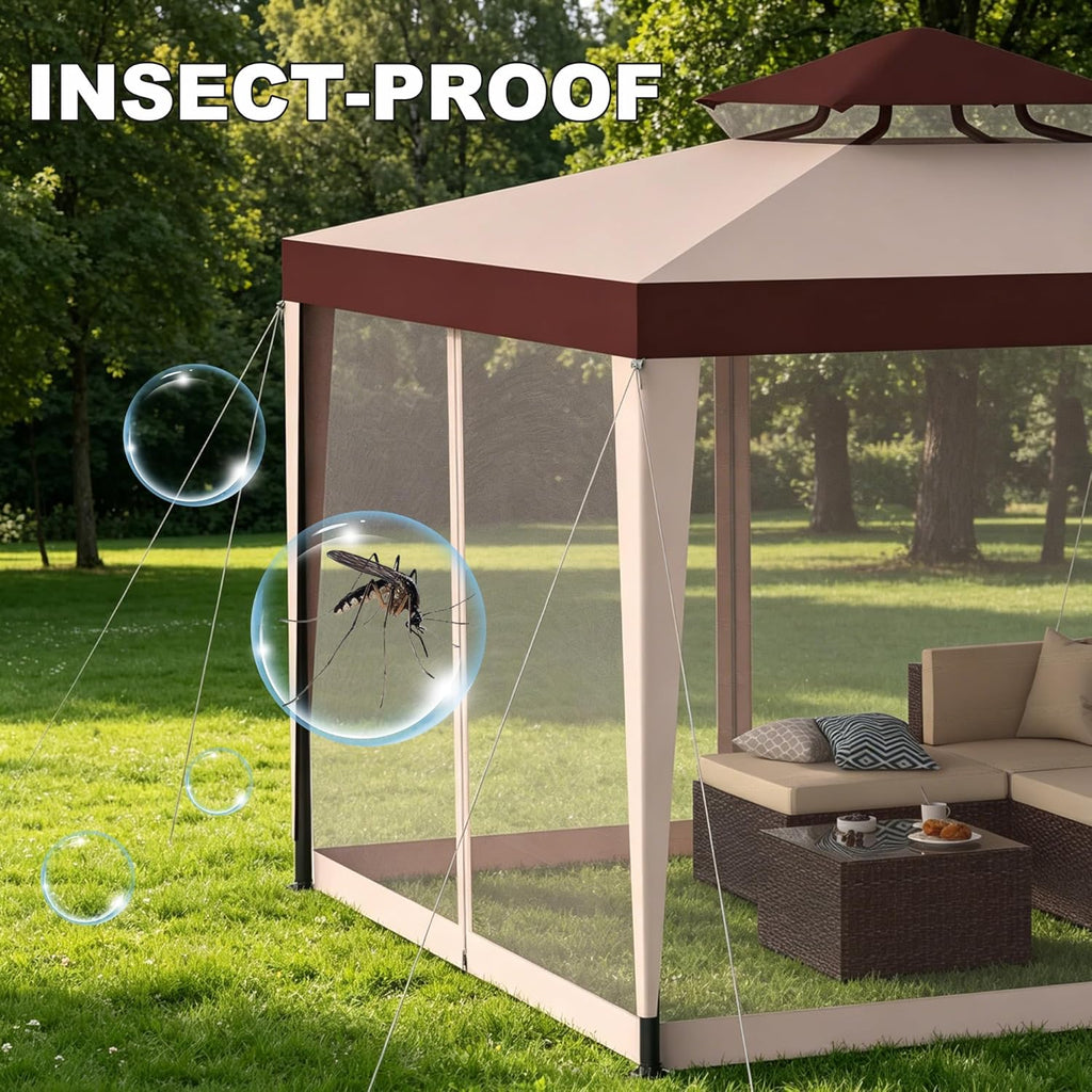 Outdoor Gazebo 10×10 Canopy Tent with Mosquito Nettings & Double Roofs, Canopy Shelter for Party, Patio Gazebo (Red