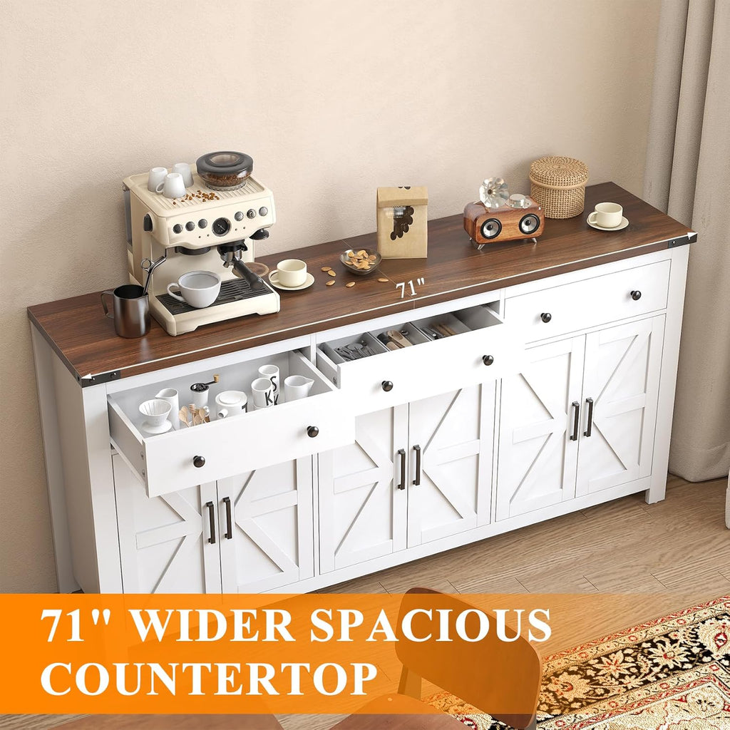 71" Large Sideboard Buffet Cabinet with Storage, Modern Farmhouse Coffee Bar with 3 Drawers and 6 Barn Doors