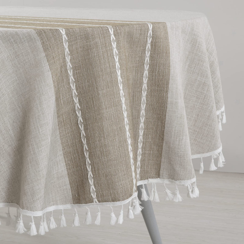 Solid Embroidery Oval Tablecloth with Tassels for Oval Table, 60 x 84 Inch Lace Dust-Proof Table Cover Dinning