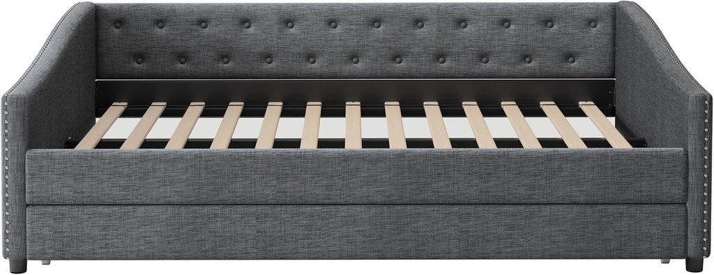 Full Size Daybed with Trundle, USB Port & Side Storage Bag | Linen Fabric, Button Tufted Back, Waved Piping