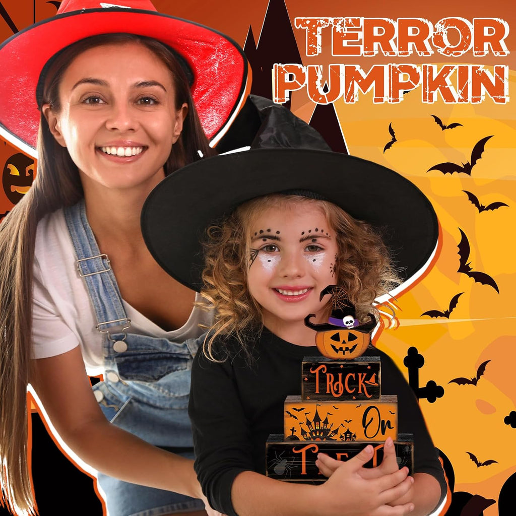 Halloween Table Decor Pumpkin Hat Wooden Sign Centerpiece - Set of 4