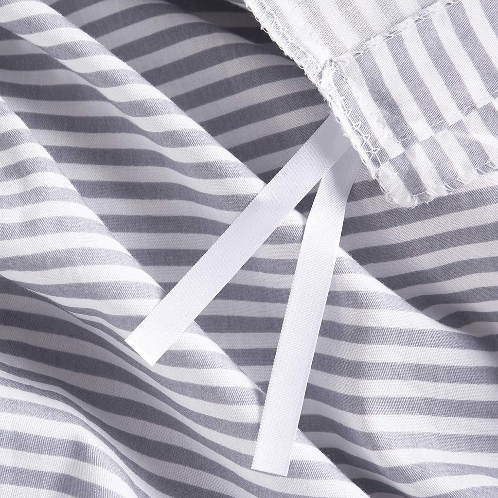 Striped Cotton Duvet Cover Set, Ticking Stripe Pinstripe Farmhouse, 100% Cotton Bedding Set, 3 Pieces, Gray White