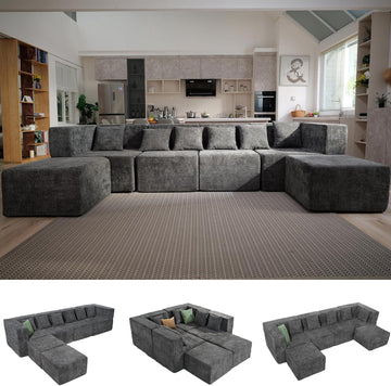 Modular Sectional Cloud Couch - 130'' 6 Seater Convertible Chenille Couches Set with Ottoman, No Assembly Compression