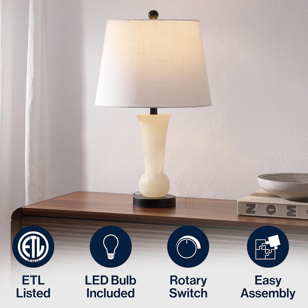 23" Natural/Black Natural White Alabaster Table Lamp with Crystal Base, Modern Nightstand Lamp with White Linen Shade