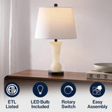 23" Natural/Black Natural White Alabaster Table Lamp with Crystal Base, Modern Nightstand Lamp with White Linen Shade