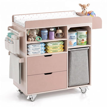 Baby Changing Table, Solid Wood, Drawers & Storage, Rolling, Waterproof Pad | Solid wood frame for durability