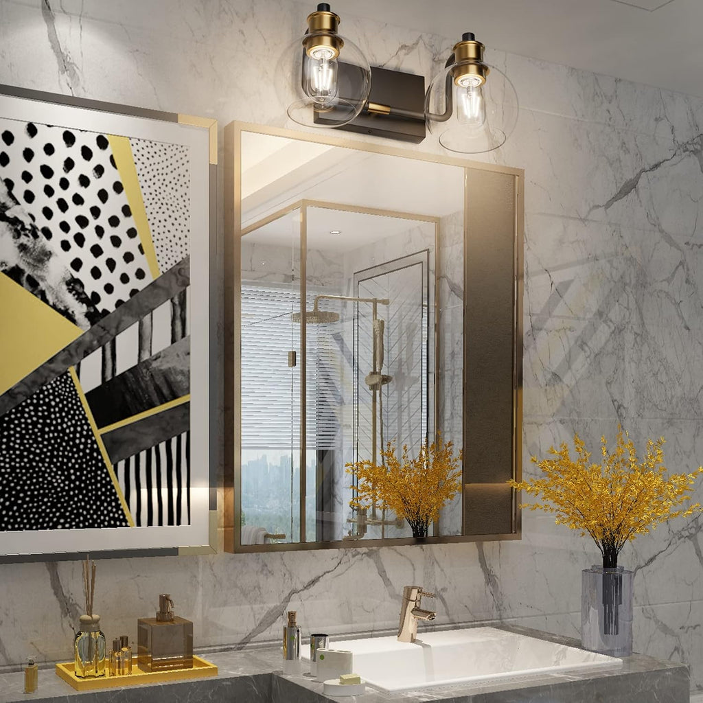 2 Lights Vintage Bathroom Vanity Light Fixtures Over Mirror Black & Gold Industrial Vanity Lights with Globe Clear