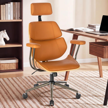 Mid-Century High Back Leather Office Chair with Headrest, Brown