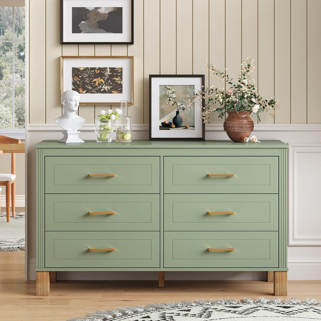 Modern 6 Drawers Double Dresser with Metal Handles for Bed Room, Sage Green | Dresser Chest of Drawers with Solid