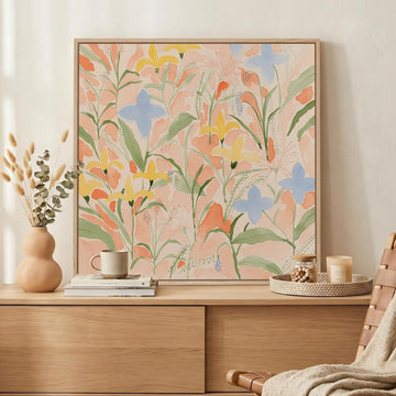 Framed Square Boho Abstract Floral Wall Art , Neutral Flower Watercolor Painting Print Canvas Artwork for Walls