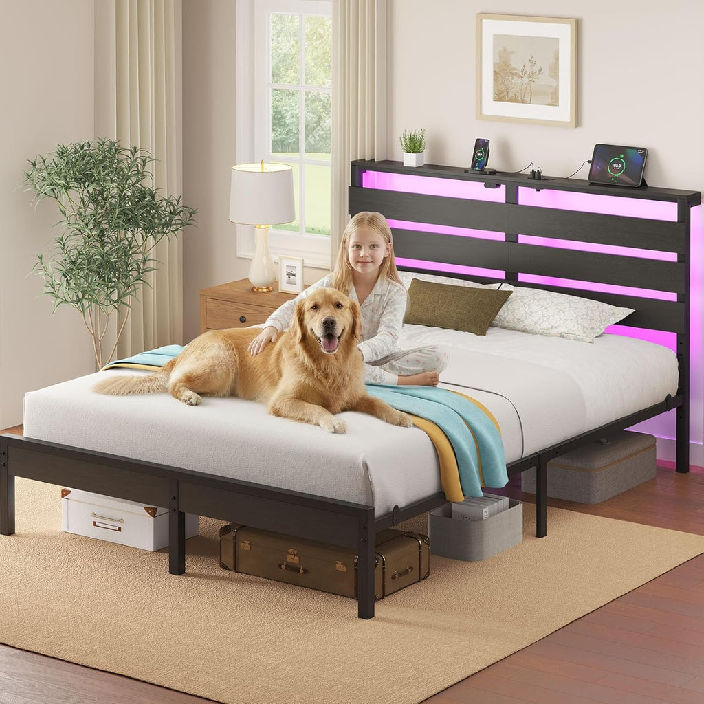 Full Bed Frame with USB Charging Station, LED Bed Frame with Wood Storage Headboard