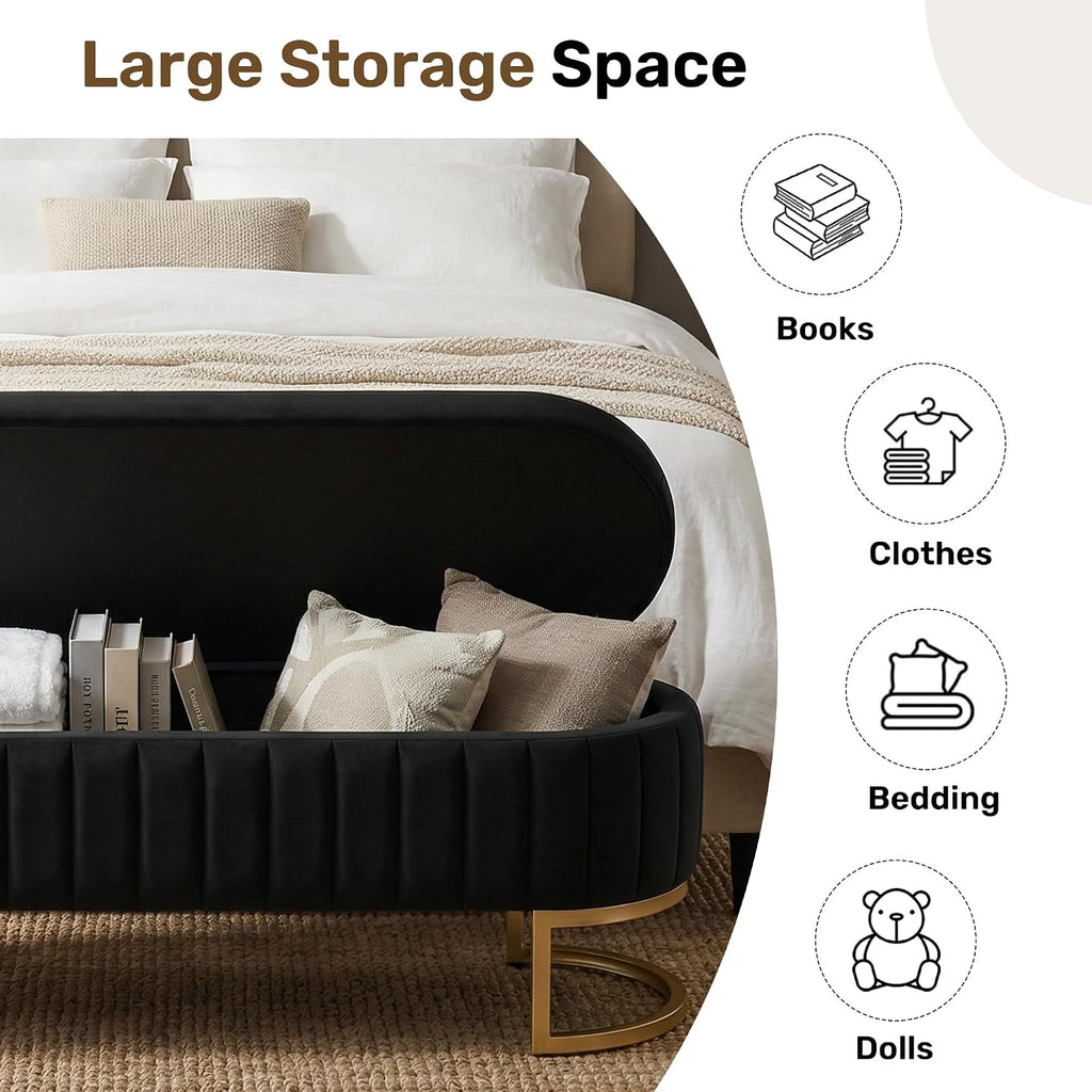 51" Velvet Storage Ottoman Bench End of Bed Entryway Black