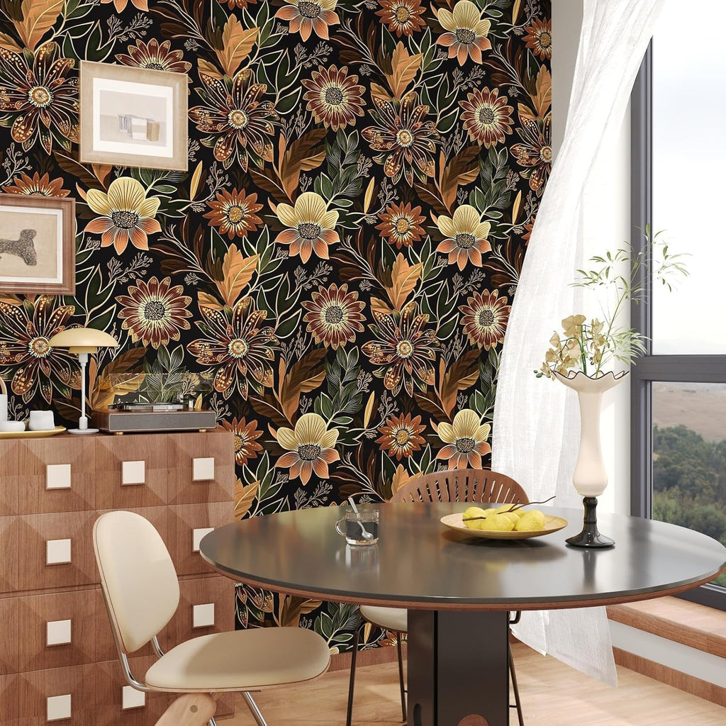 Boho Dark Black Gold Floral Wallpaper Peel and Stick 17.5"x393" | Self Adhesive/Removable/Waterproof/Thick Vinyl