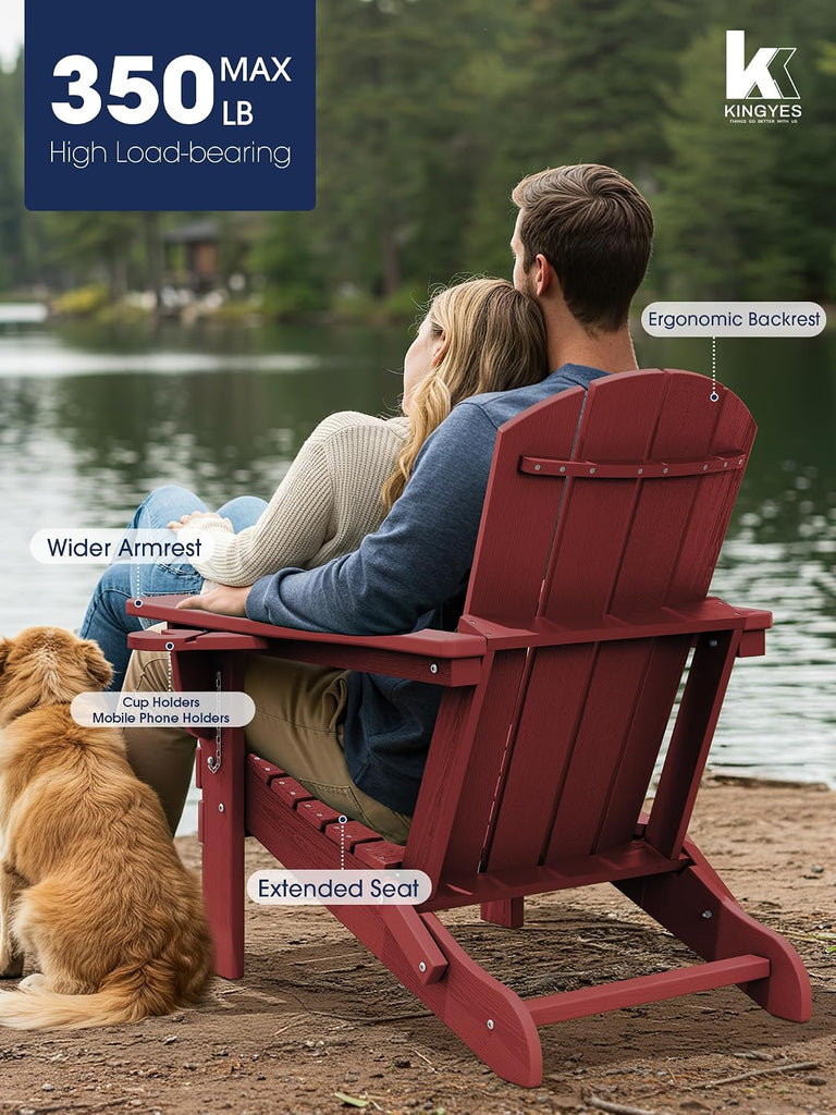 Folding Adirondack Chair Set of 2 with 2 Cup Holders, Red | HDPE Composite | Waterproof | Wood Grain | Hidden Cup &