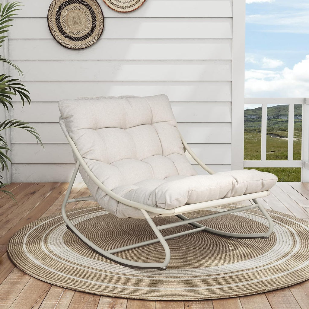 Rocking Chair with Cushion for Indoor and Outdoor, Beige | Metal Lounge Rocking Chair with Thick Cushion, Comfy