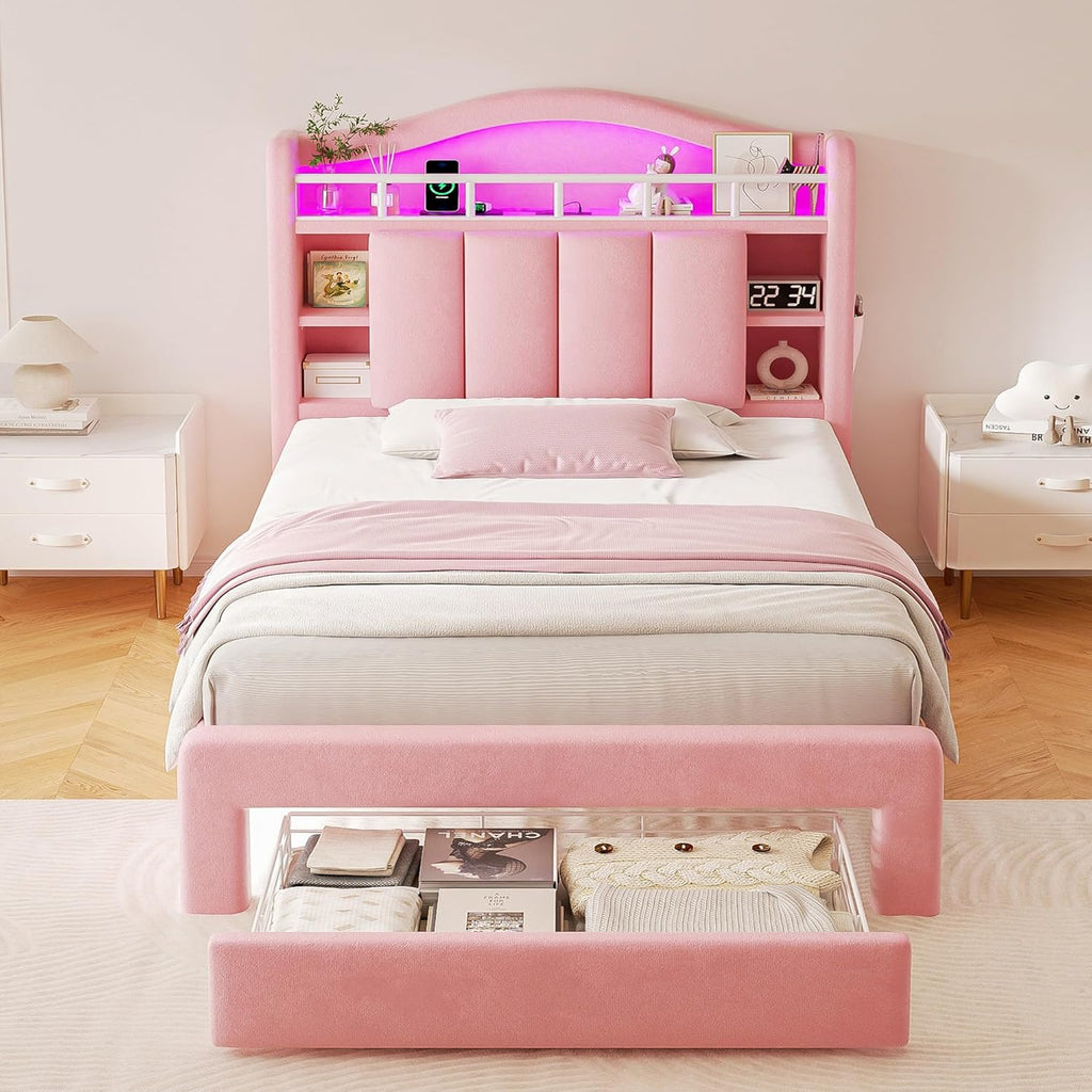 Twin LED Bed Frame with Storage Headboard & 2 Storage Drawers, Princess Velvet Upholstered Bed with Vertical Tufted
