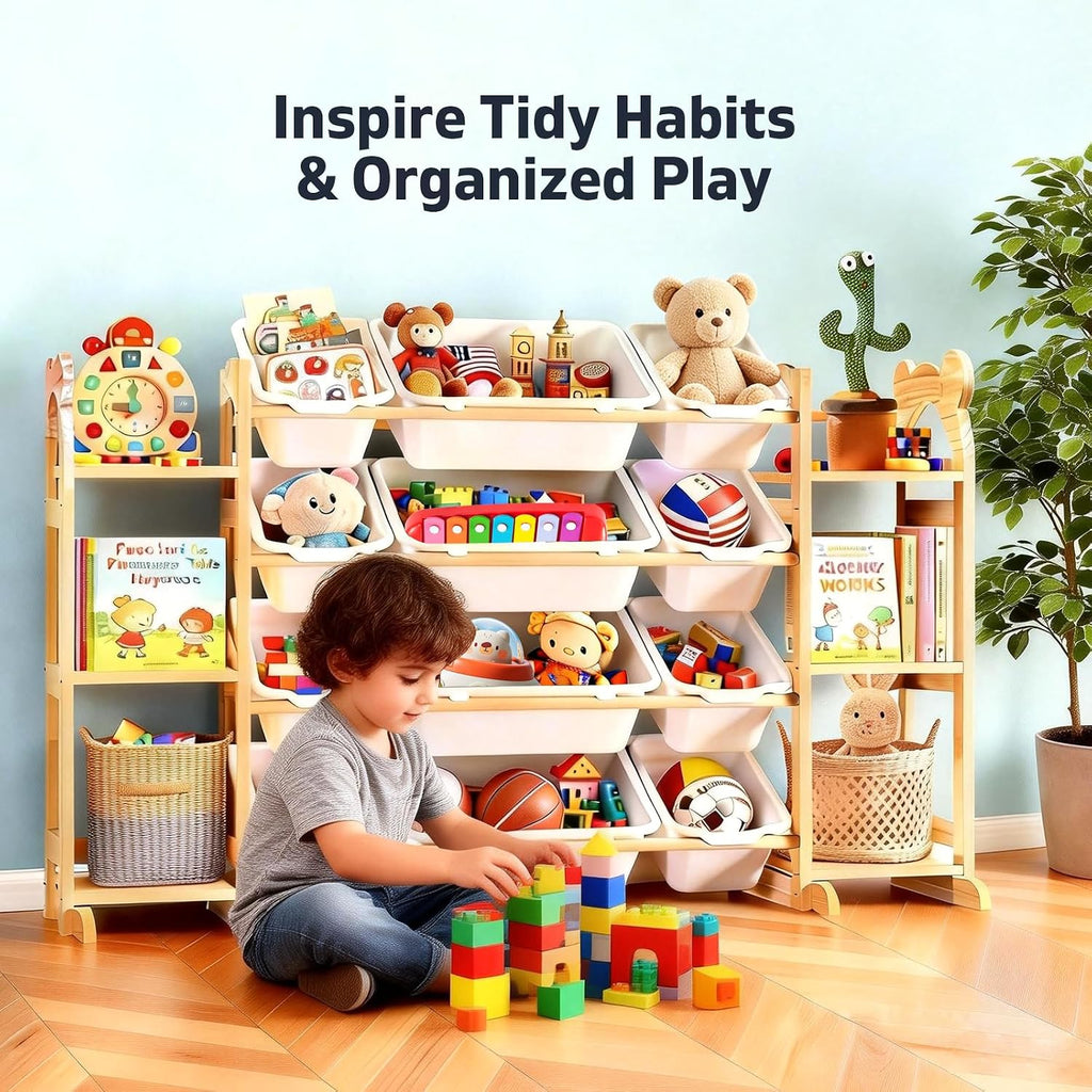 Toy Storage Organizer with 6 Shelves and 12 Bins, Toy Organizers and Storage Shelf with Bookshelf and Bookcase, Toys