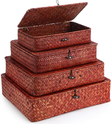Set of 4 Seagrass Basket with Lid Wicker Storage Basket Decorative Storage Boxes with Lids Flat Storage Bins Woven
