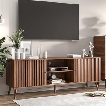 Mid Century Modern TV Stand for Televisions up to 70 Inches, with Sliding Doors and Storage, Television Stands, TV