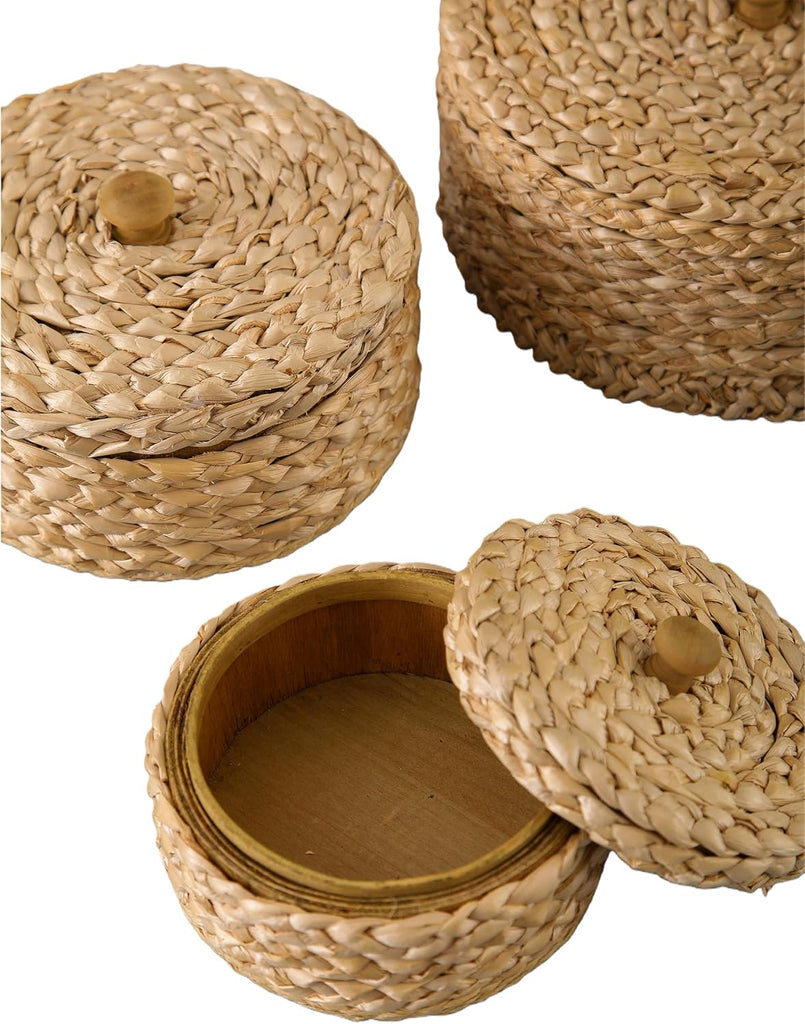Round Rattan Storage Boxes with Lids Set of 3, Handwoven Wicker Basket, Small Baskets for Shelves, Boho Organizer
