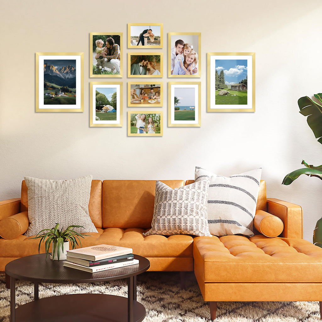 10 Pack Picture Frames Collage Wall Decor for Mounting or Tabletop Display, Gallery Wall Frame Set with Two 8x10 Gold
