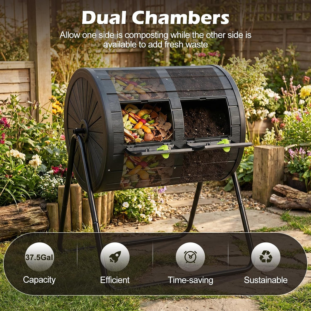 37.5 Gallon Outdoor Dual Chamber Compost Tumbler, Black