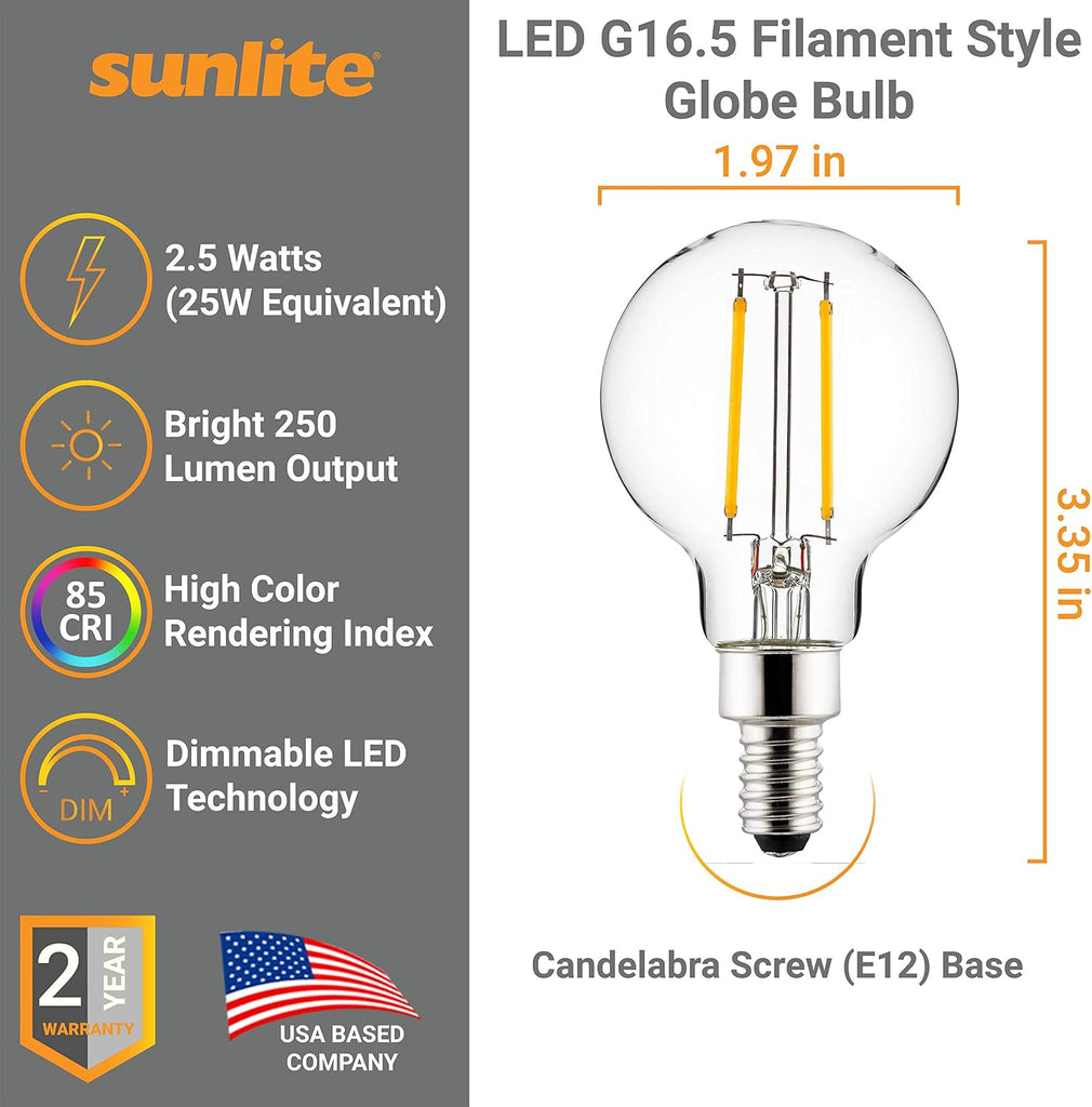 LED G16.5 Filament Style Globe Light Bulb, 2.5 Watts (25W Equivalent), 250 lumens, Dimmable, Candelabra Base