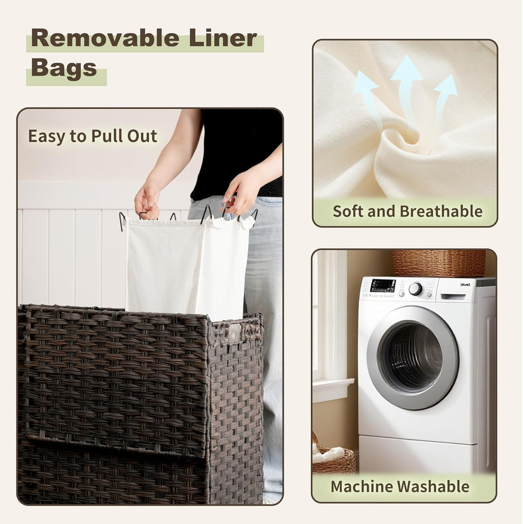 Laundry Hamper with Lid, 110L (29.1 Gal) Rattan Laundry Hamper 2 Section with 50L (13.2 Gal) Storage Shelf, Wicker