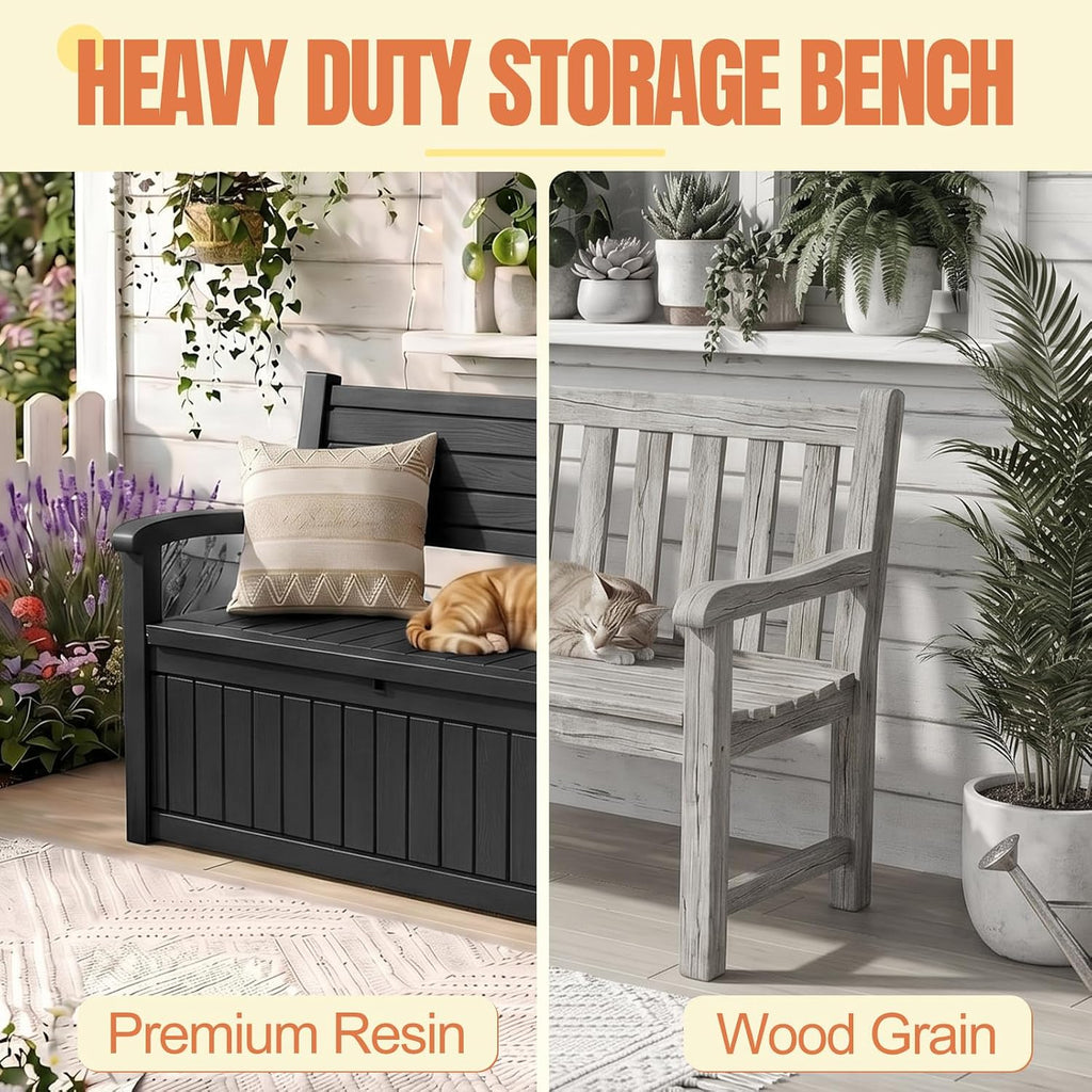 Storage Bench Outdoor Deck Box,100 Gallon Waterproof & UV Resistant Lockable Patio Furniture Seating.Indoor/Outdoor