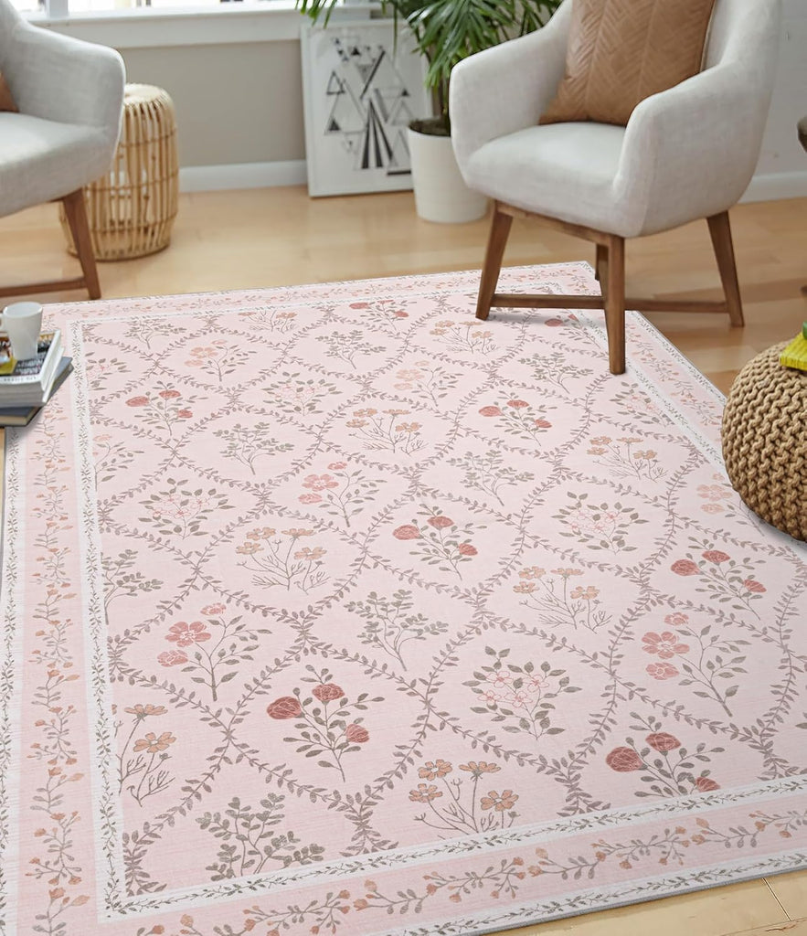 Pink Floral Rug for Bedroom Girls, Washable Area Rugs for Living Room Non Slip Ultra-Thin, Soft Throw Carpet for Nursery, Kids Playroom, Classroom, Home Office Decor