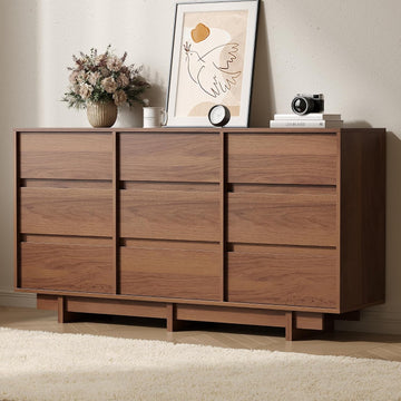 Walnut Dresser , 59" Wide 9 Drawer Dresser, Mid Century Modern Dressers Chest of Drawers, Wooden Large Dressers