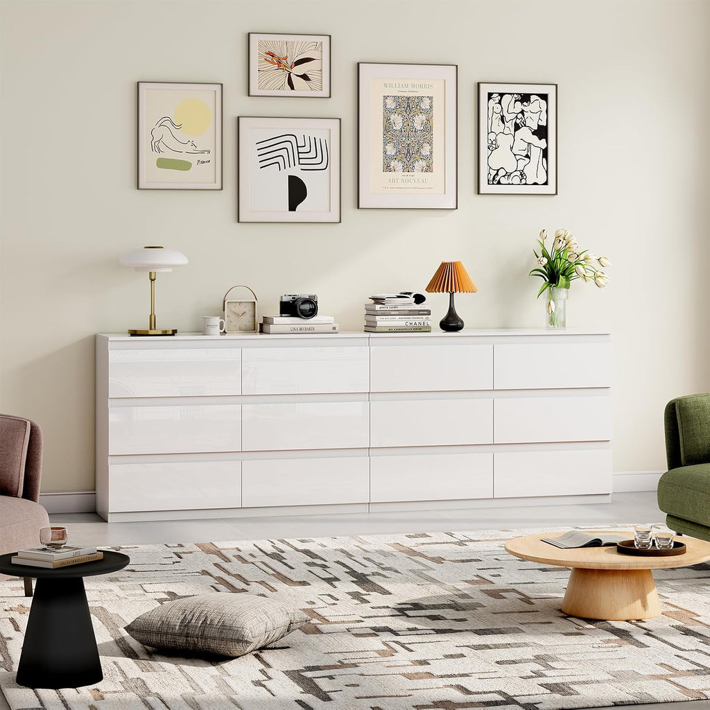 White 6 Drawer Dresser 47" Wide Closet Storage | Wood Dresser, Modern High Gloss, Handle-Free, |TV Stand|Living Room