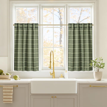 Olive Green Farmhouse Gingham Tiers Kitchen 100% Blackout Curtains, Buffalo Plaid Check Half Window