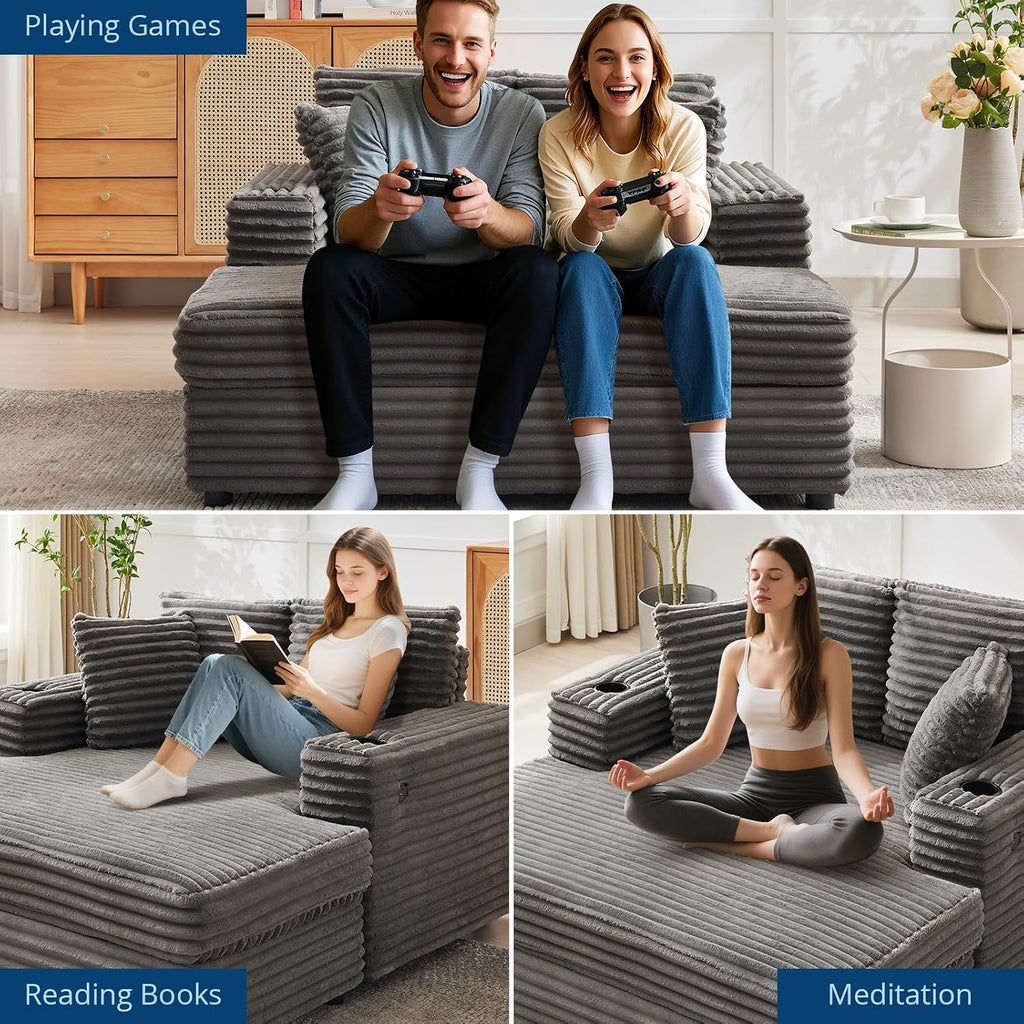 60-inch Oversized Chaise Lounge Chair Indoor, Comfy Corduroy Lounge Sofa with Charging Station, Cup Holders & Throw