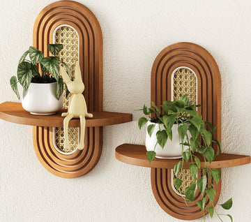 Floating Shelves for Wall, Boho Home Wall Decor,Rattan Plant Shelf Set of 2, Mid Century Small Decorative Shelf