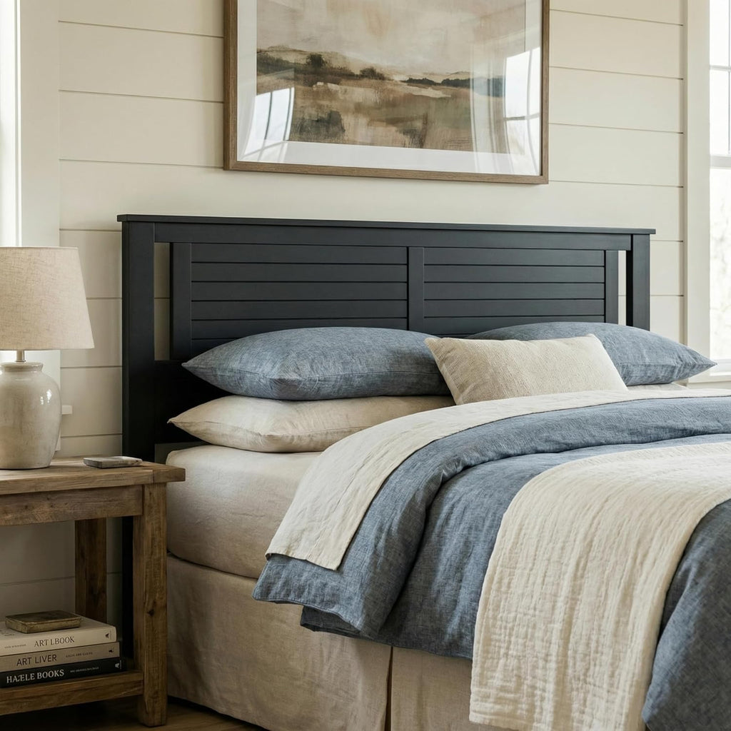 Serene Solid Wood Panel Headboard with Horizontal Scoring, King, Black, Easy Assembly, Quality Materials