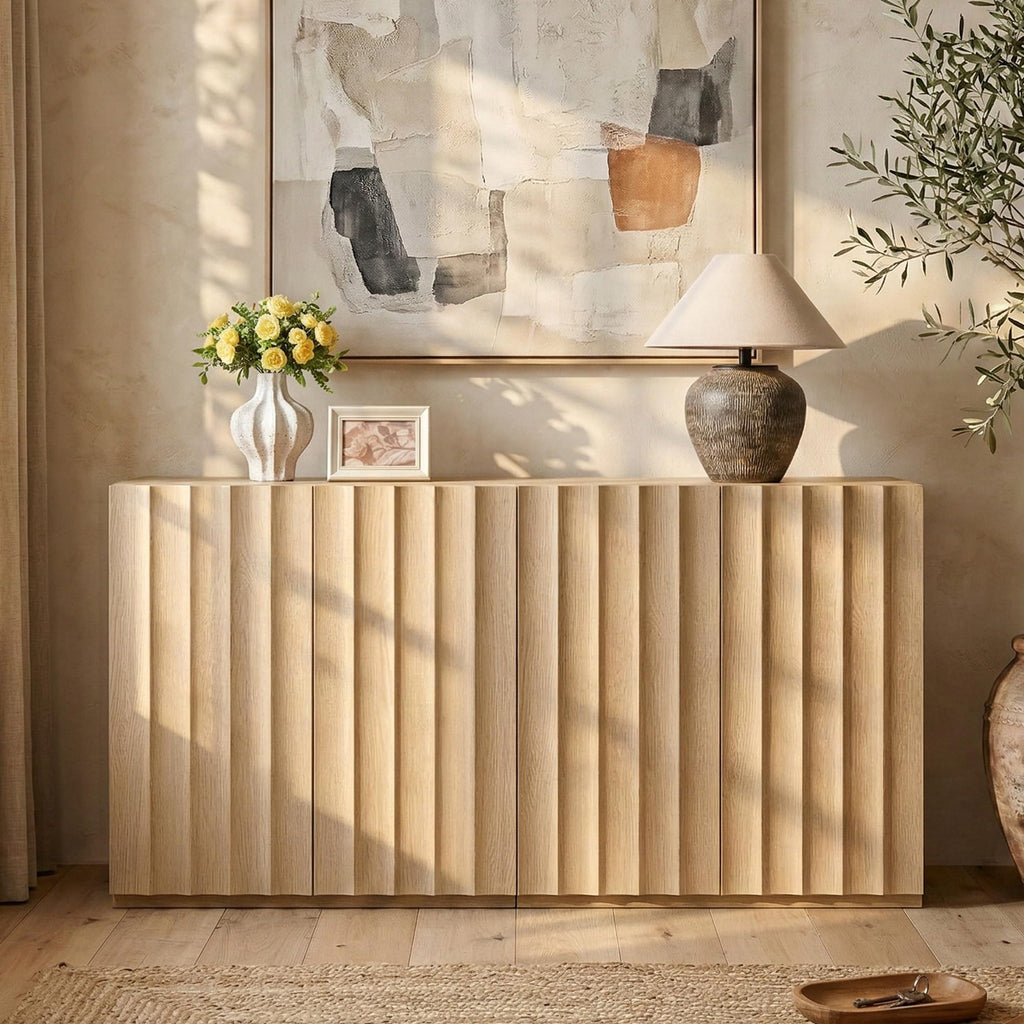 Sideboard Cabinet, 94.11" Buffet Fluted Cabinet, Light Oak