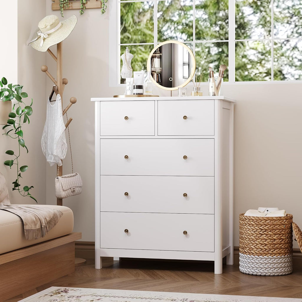 White Dresser with 5 Drawers, Tall Chest of Drawers, 5 Drawer Dresser with Deep Space, Wood Storage Cabinet , White